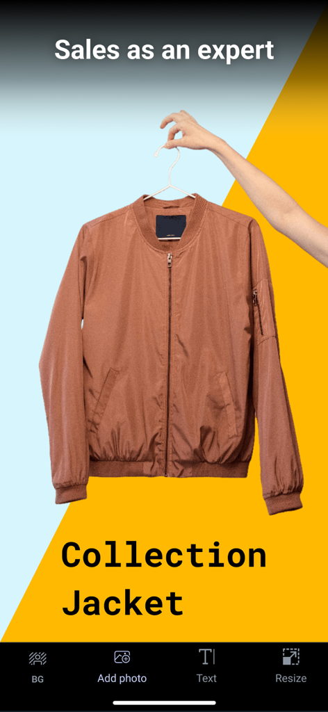 Remove background - snap edit - Snap Edit app interface showing professional product photo editing for an e-commerce jacket listing