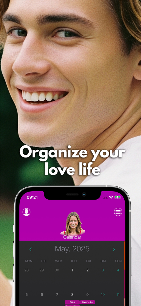 A smiling man behind a smartphone displaying the SexOrganizer app calendar and love life management interface.