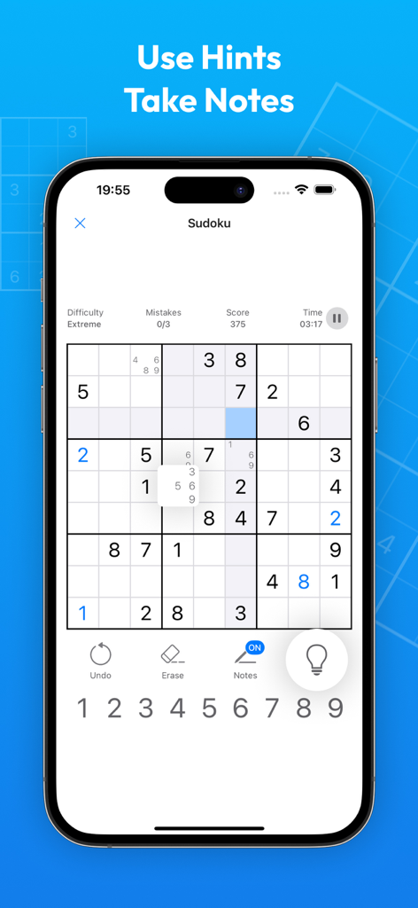 Schermata di gioco mobile di un puzzle Sudoku che mostra suggerimenti e opzioni per prendere appunti.