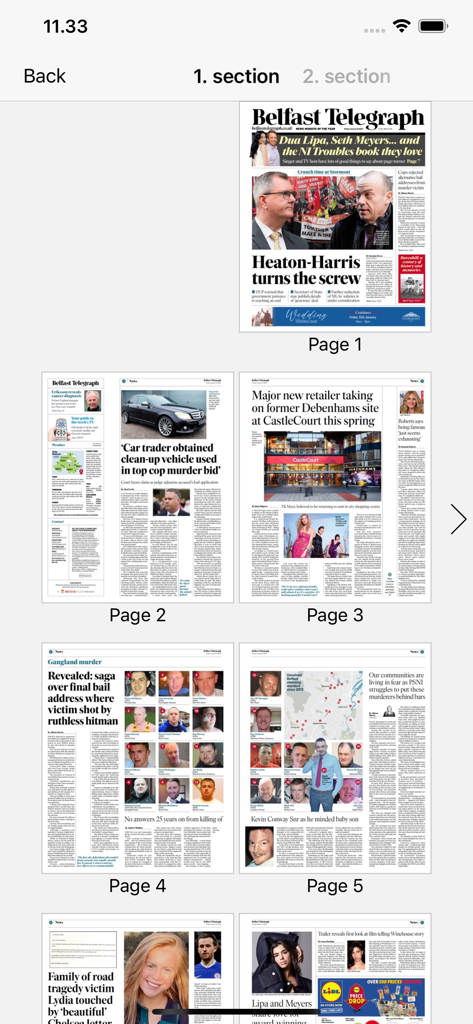 A grid layout showing multiple digital pages of the Belfast Telegraph newspaper edition within the app.