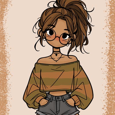 girl with a messy ponytail glasses a baggy crop top and jean shorts