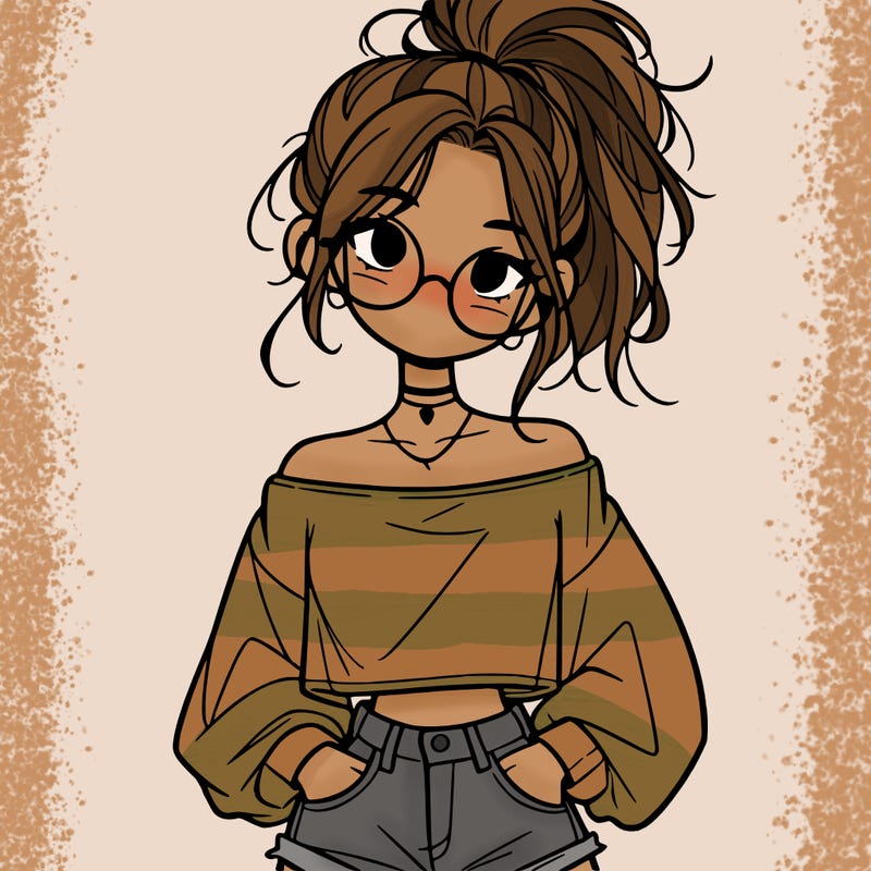 girl with a messy ponytail glasses a baggy crop top and jean shorts