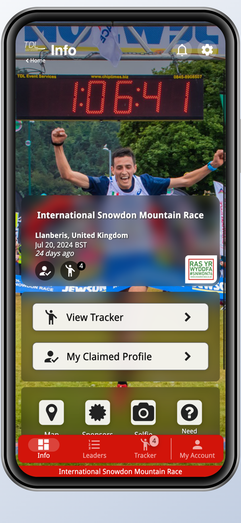 TDL Event Services - TDL Event Services app interface showing event information for the International Snowdon Mountain Race