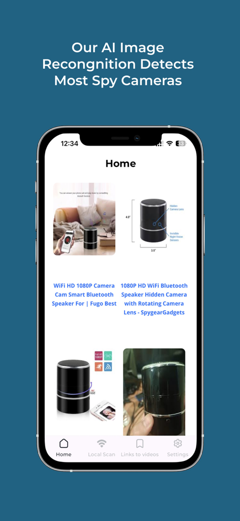 AI Hidden Spy Camera Detector - Pantalla de inicio de la aplicación AI Hidden Spy Camera Detector mostrando resultados de reconocimiento IA para cámaras disfrazadas de objetos comunes.
