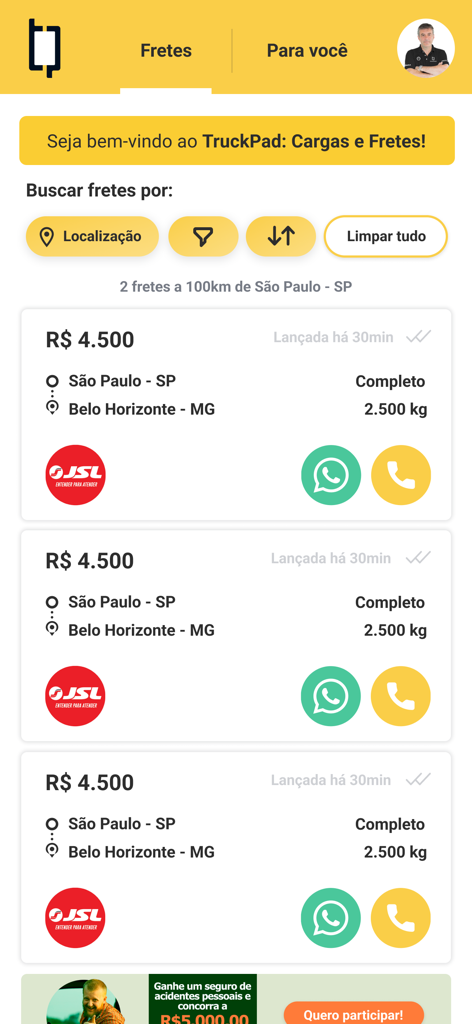 Interfaz de la aplicación TruckPad mostrando ofertas de fletes para conductores de camiones con precios y rutas