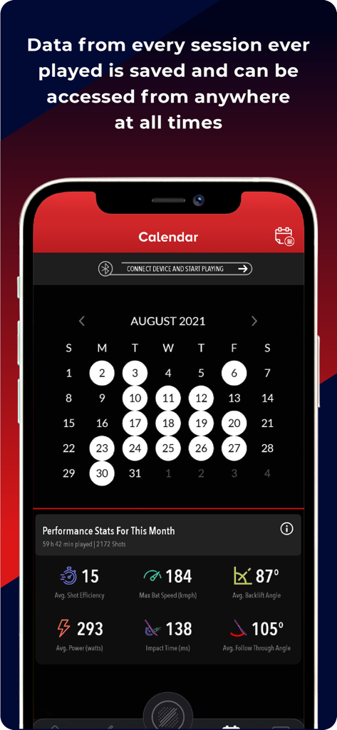 SmartCricket - BatSense - Calendar view of the SmartCricket BatSense app displaying monthly performance statistics and training sessions.