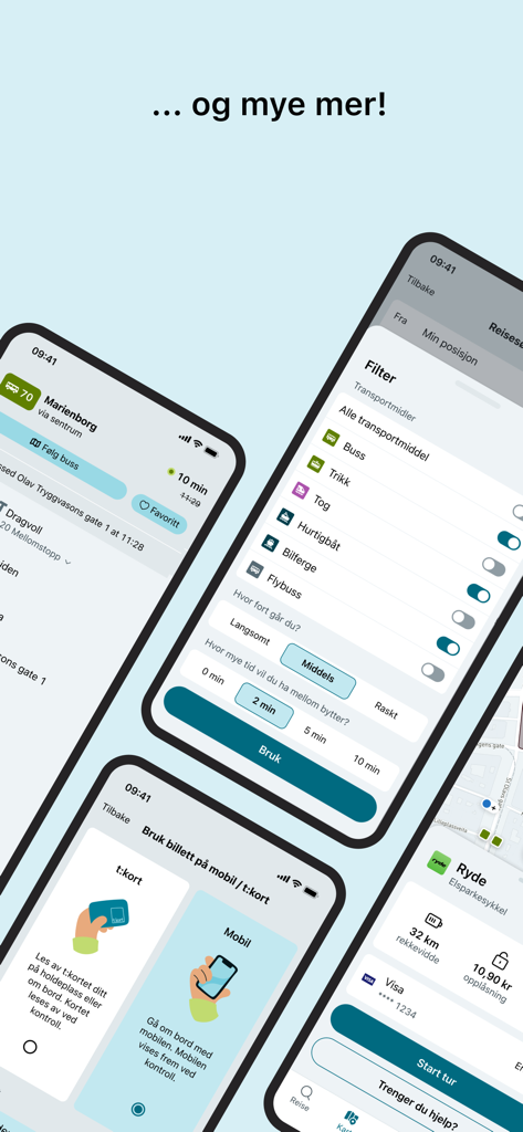 AtB - Screenshots of the AtB app showing transport filters real time bus tracking and mobile ticketing options