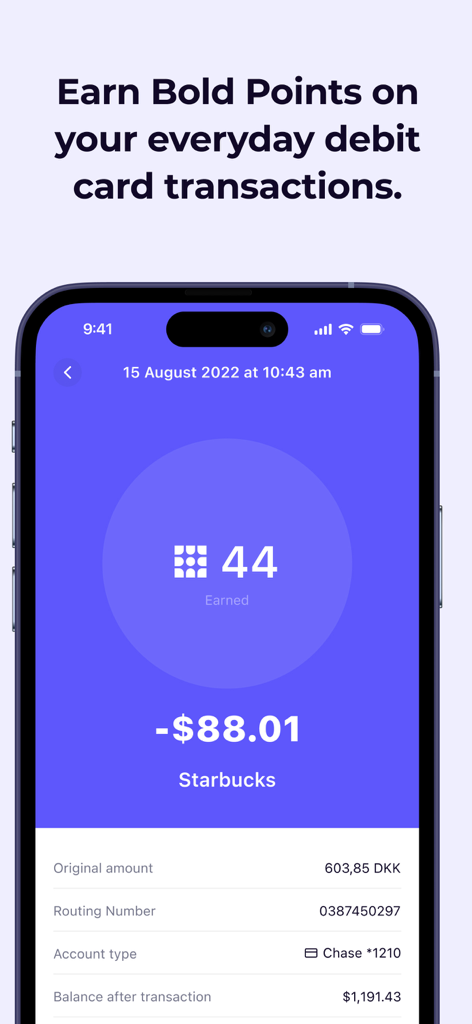 Bold.org app interface showing points earned on a Starbucks debit card transaction