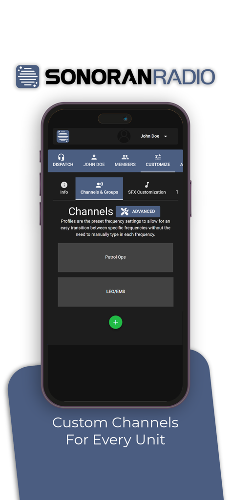 Sonoran Radio interface showing custom communication channels for emergency roleplay units