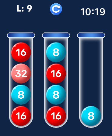 A screenshot of the 2048 sorting puzzle game on Apple Watch featuring colored numbered balls in test tubes