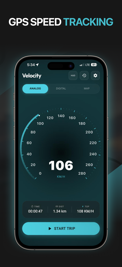 Pantalla de iPhone mostrando la interfaz del indicador analógico de la aplicación velocímetro GPS Velocity con seguimiento de velocidad en tiempo real.