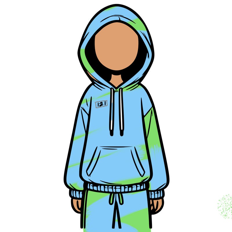 faceless girl in a tracksuit with a hood on and no hair