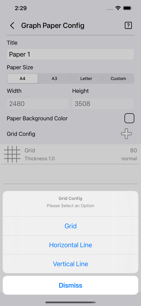 Graph Paper Gen - Configuration screen of the Graph Paper Gen app showing paper size settings and grid selection menu
