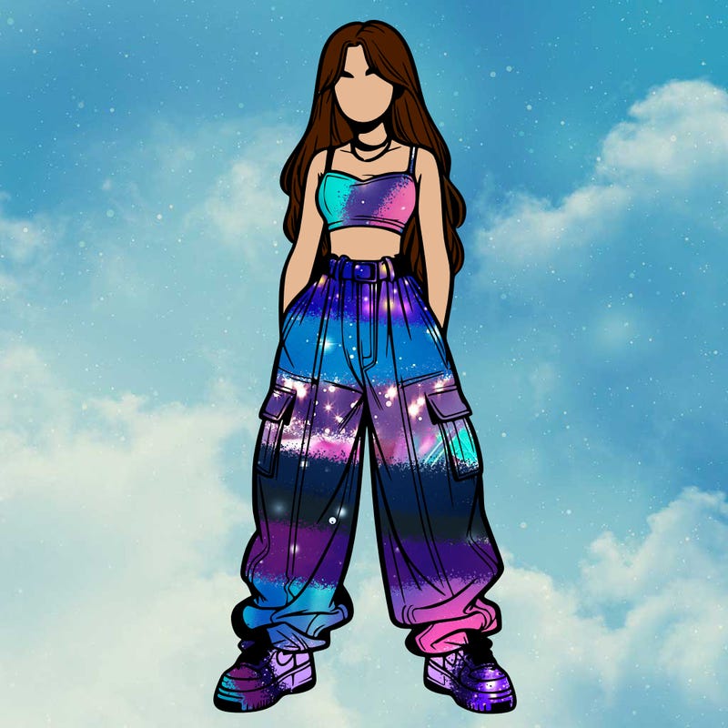 realistic girl with baggy pants and a crop top