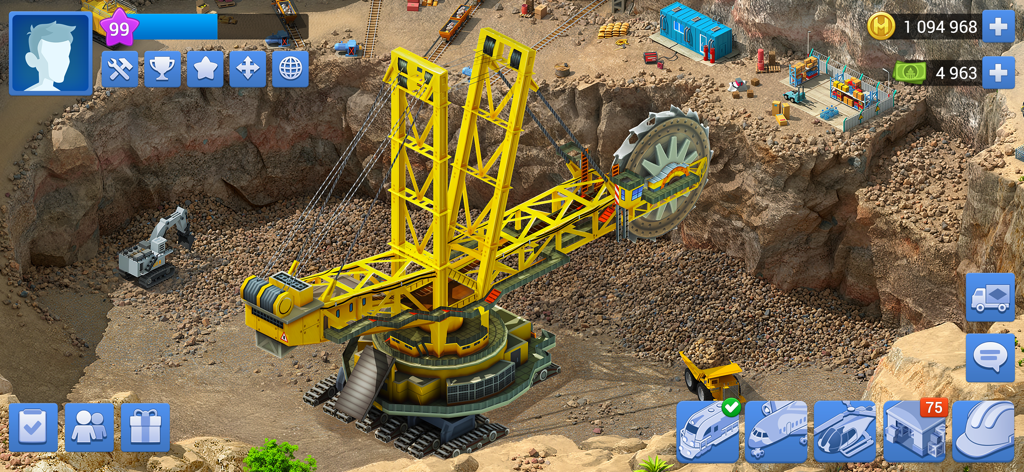 Un grande escavatore a ruota a benne giallo che opera in una zona mineraria industriale all'interno del gioco di city building Megapolis.