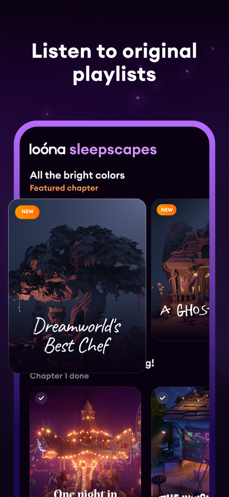 Loóna: Sleep, reduce anxiety - Loona app interface showing original playlists and interactive sleepscapes