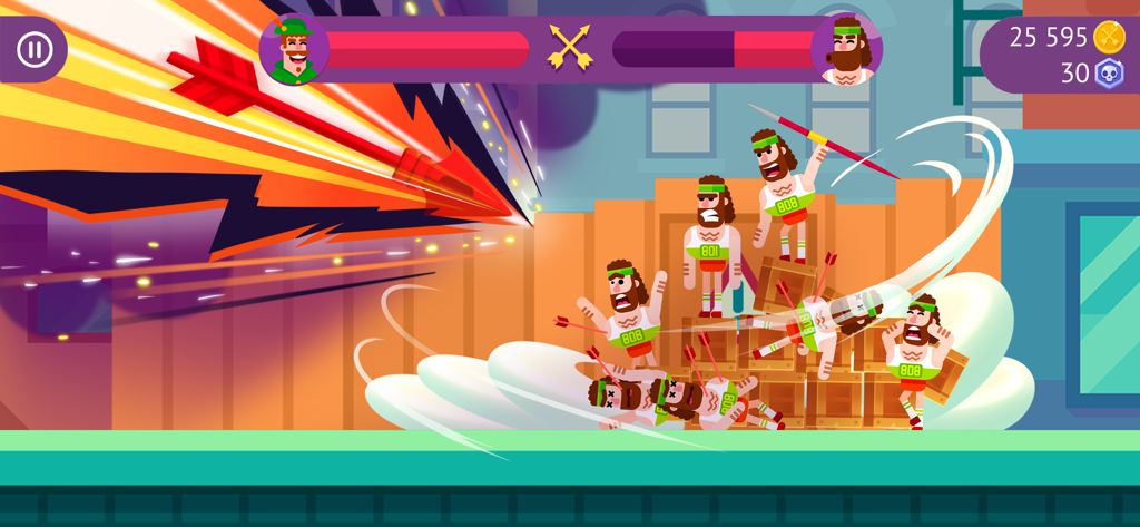 Una captura de pantalla de la jugabilidad de Bowmasters que muestra una flecha grande golpeando a varios personajes de dibujos animados usando física de ragdoll.