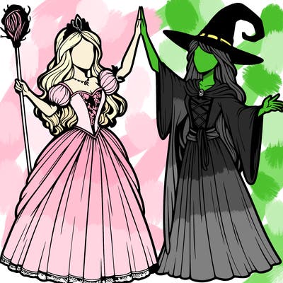 detailed realistic split of a princess and a witch