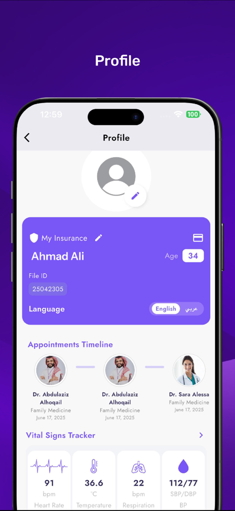 Meena Health - Meena Health app user profile screen displaying insurance information, a timeline of doctor appointments, and a vital signs tracker.