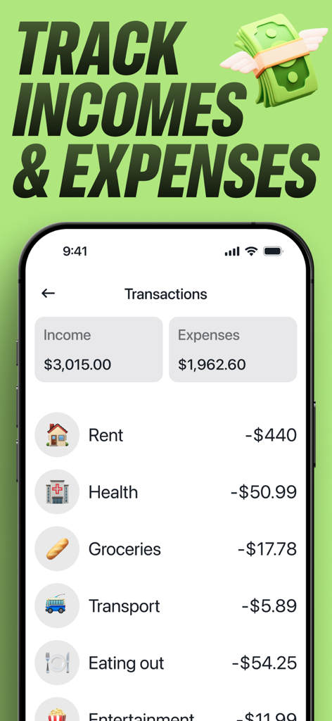 Wudget: Simpler Budget Planner - A clean interface of the Wudget app showing income and expense tracking with categorized transactions like rent and groceries.