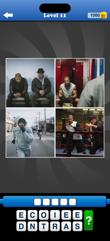 Guess the Movie: Film Pop Quiz - Una captura de pantalla de juego de la aplicación de trivia Adivina la Película que muestra cuatro escenas de la película Creed y una cuadrícula de selección de letras.