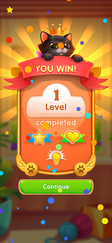 Meow - Find 5 Differences Game - Level completed screen for the Meow Find 5 Differences game featuring a cute black cat with a crown and a You Win banner.