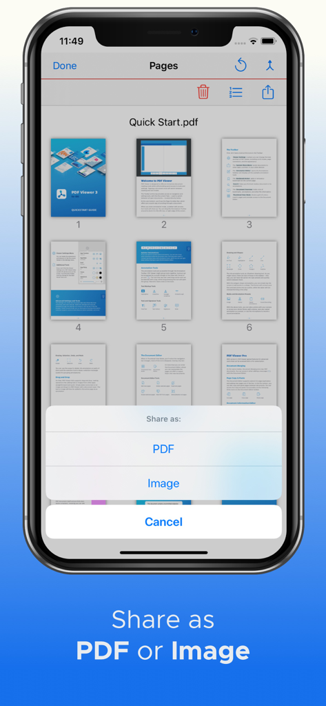 ドキュメントをPDFまたは画像としてエクスポートするオプションを含む共有メニューが表示されているモバイルアプリのインターフェース。