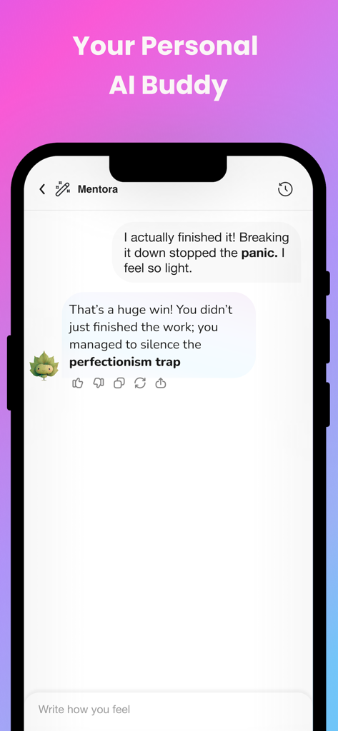 Felt – AI Journal Buddy - Um smartphone mostrando uma conversa de chat com Mentora, uma amiga de diário de IA, fornecendo suporte e coaching de saúde mental.