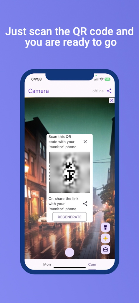 Homesafe: Home Security Camera - Homesafe app interface showing a QR code to link a camera phone with a monitor phone for home security.