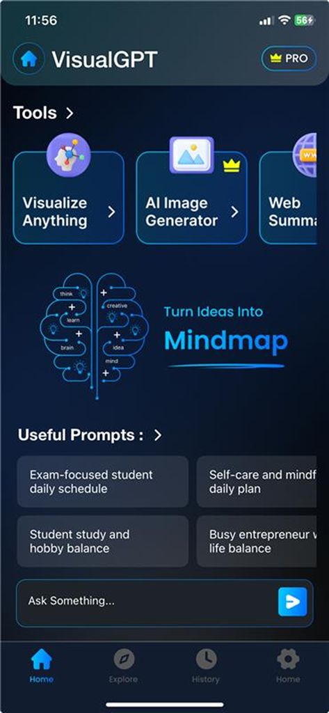 VisualGPT: AI Mind Map ChatBot - VisualGPT app home screen displaying AI productivity tools for mind mapping image generation and web summaries