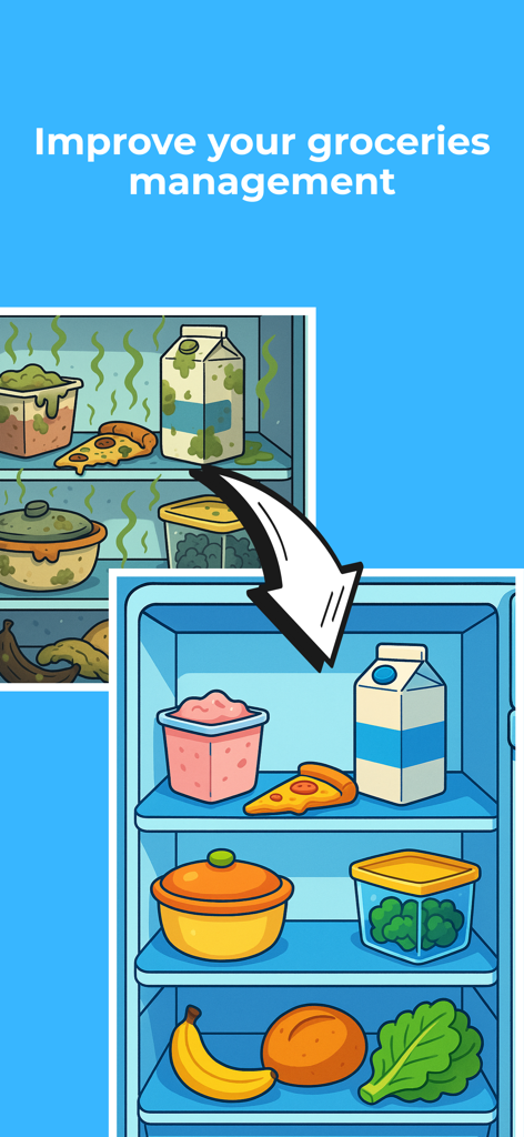 Freezer Inventory Tracker - Comparison of a messy spoiled freezer and an organized fresh freezer to improve food management