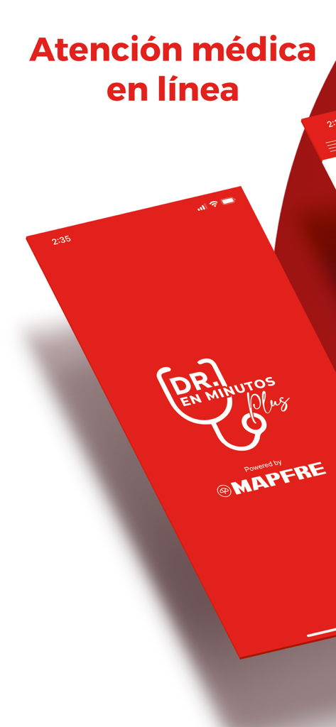 Pantalla del smartphone mostrando el logo de Dr. en Minutos Plus y el mensaje de atención médica en línea