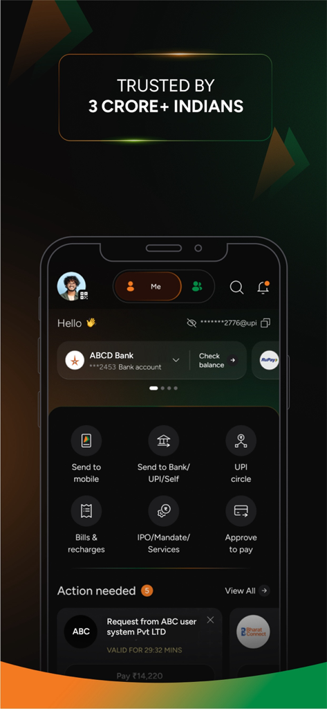Dashboard of the BHIM UPI payment app showing bank account details and transaction options like UPI Circle and Bill Payments