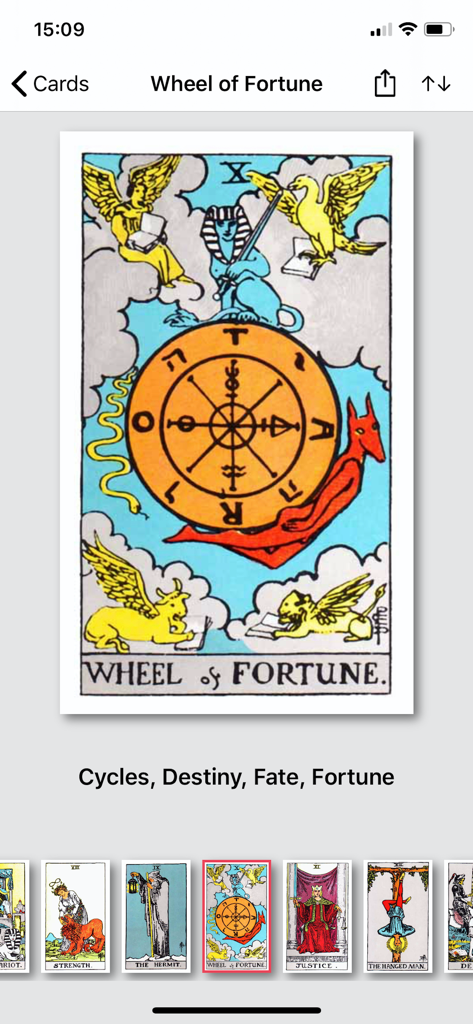 Tarot Journal app screen showing the Wheel of Fortune card and its keywords cycles destiny fate and fortune