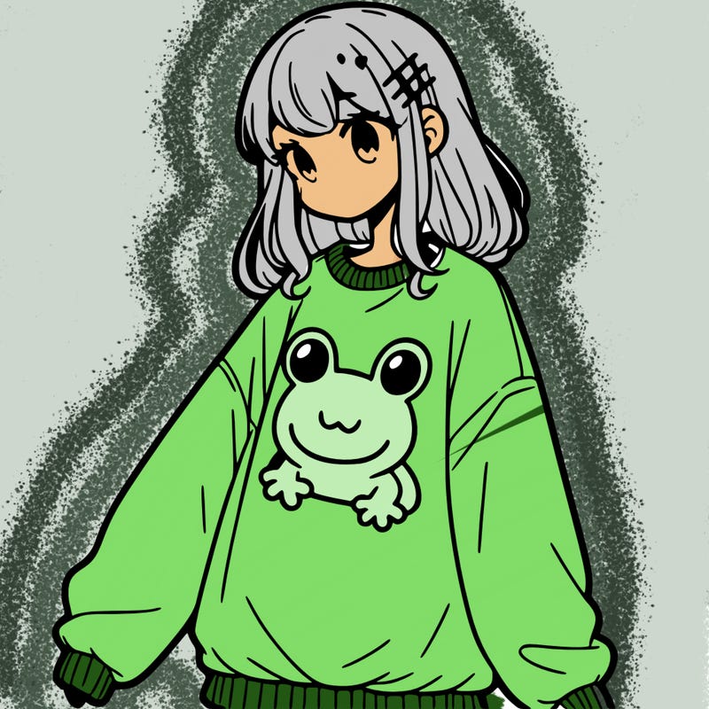 girl wearing frogging sweatshirt