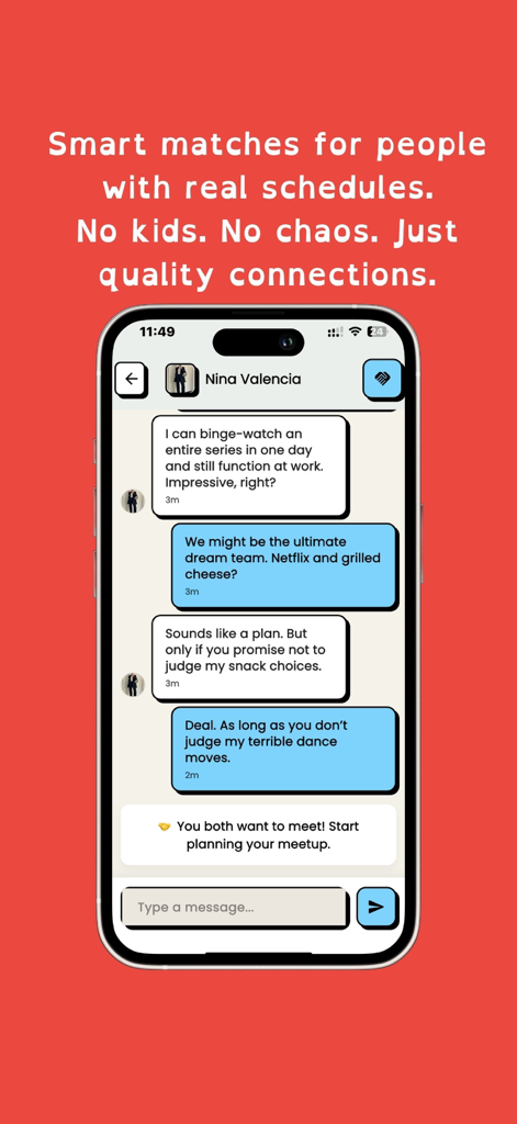 Ping 데이트 앱에서 성공적인 매칭과 만남 초대를 보여주는 두 전문가 간의 채팅 대화