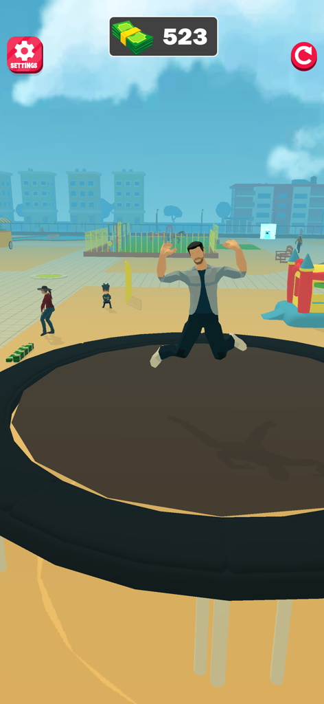 Ultimate Fun Park Simulator 3D - Character jumping on a trampoline in a 3D amusement park simulator