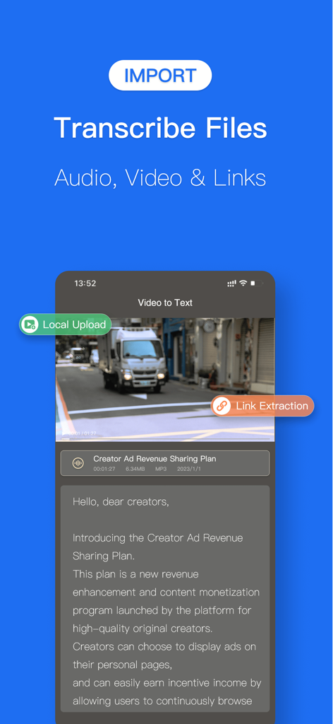 Speech To Text: Transcription - Speech To Text app interface showing video to text transcription and file import options