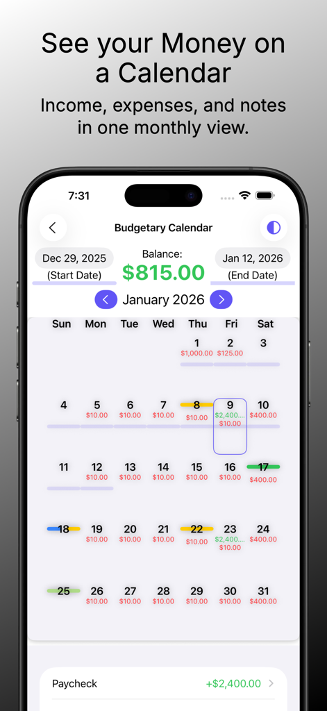 Budgetary - Budget Planner - Vista de calendario mensual de la aplicación Budgetary mostrando totales diarios de ingresos y gastos