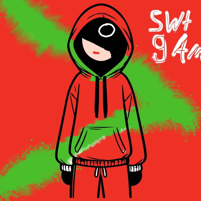 faceless girl in a tracksuit with a hood on and no hair