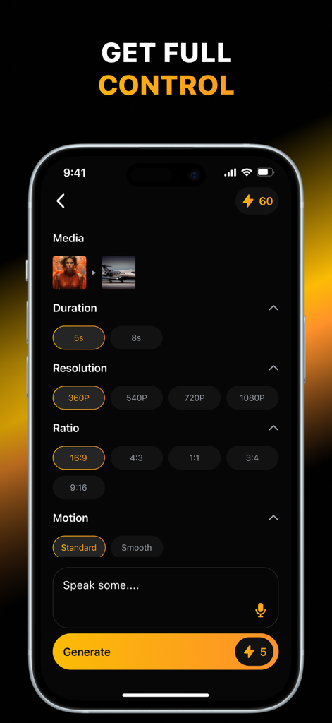 Aragon AI: Video Generator - Aragon AI mobile app interface showing video generation settings for duration resolution aspect ratio and motion control