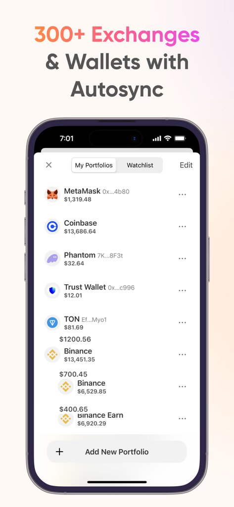 CoinStats app showing a list of connected crypto wallets and exchanges like MetaMask Coinbase and Binance with autosync