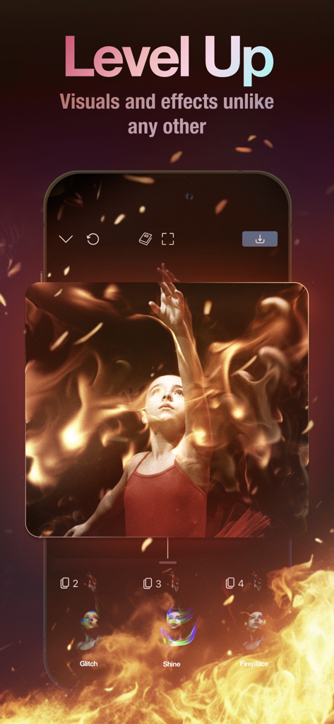 Video Effects Editor: Riveo - Riveo mobile app interface showing a cinematic fire effect overlay on a video of a dancer
