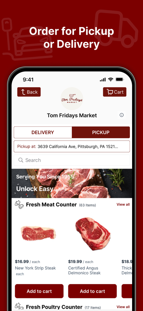 Tom Fridays Market app screen showing fresh meat counter with steak options for pickup or delivery