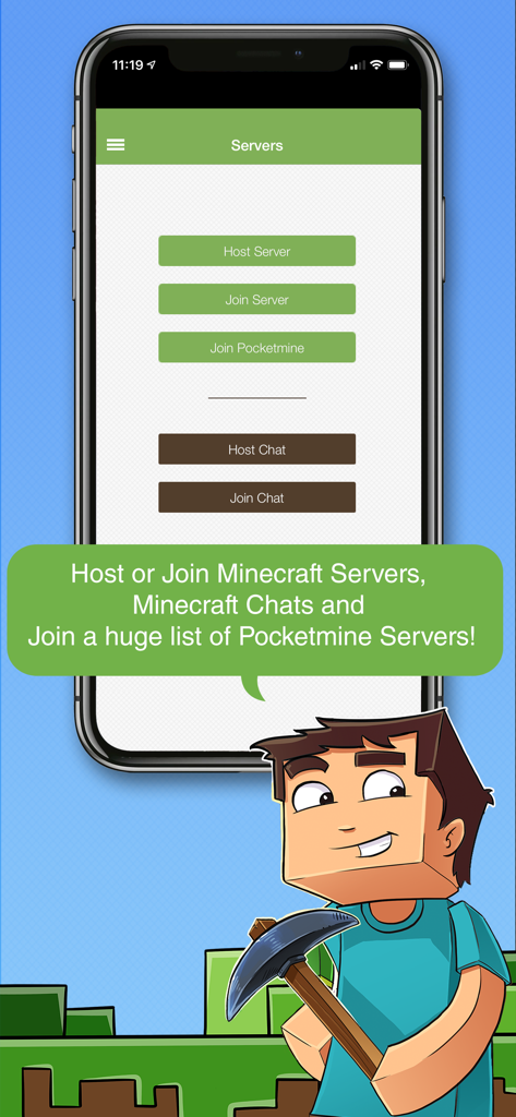 Multiplayer for Minecraft PE app interface showing buttons to host or join servers and chats with a Minecraft style character
