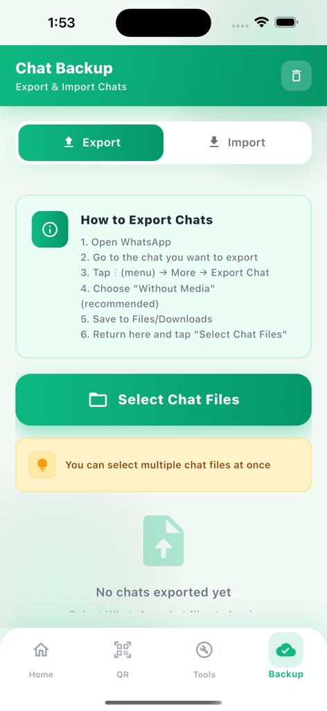 DualChat – WhatSacn Web - Interface of the DualChat app showing the Chat Backup screen with options to export and import chats and a guide on how to export chat files.