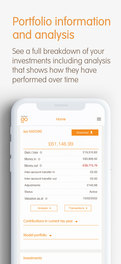 Nucleus Go - Pantalla de la aplicación Nucleus Go que muestra la valoración del portafolio y el análisis del rendimiento de la inversión