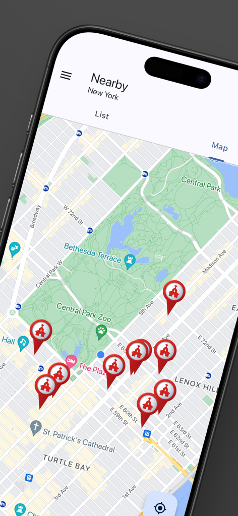 Church Finder Worldwide - Map showing multiple church locations in New York City on the Church Finder Worldwide app.