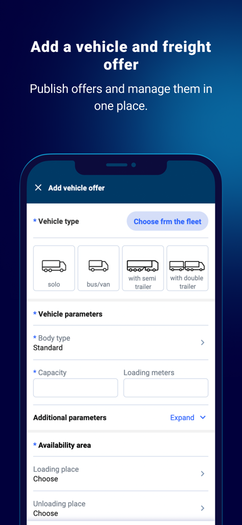 Loads2GO - Loads2GO app screen for adding a vehicle and freight offer