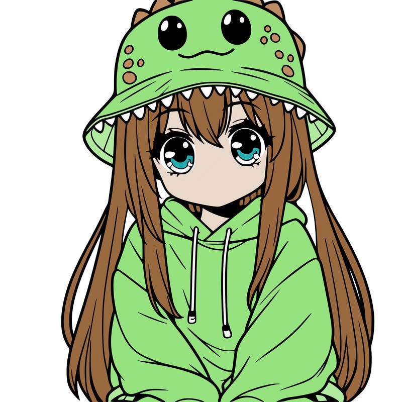 girl with anime shaped eyes with a dinosaur bucket hat oversized sweatshirt long straight hair